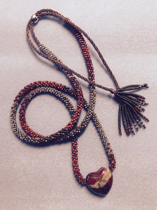 “WISHING STONE” Hand-beaded and woven Kumihimo 5-color “fade” necklace w/Jasper heart focal *adjustable